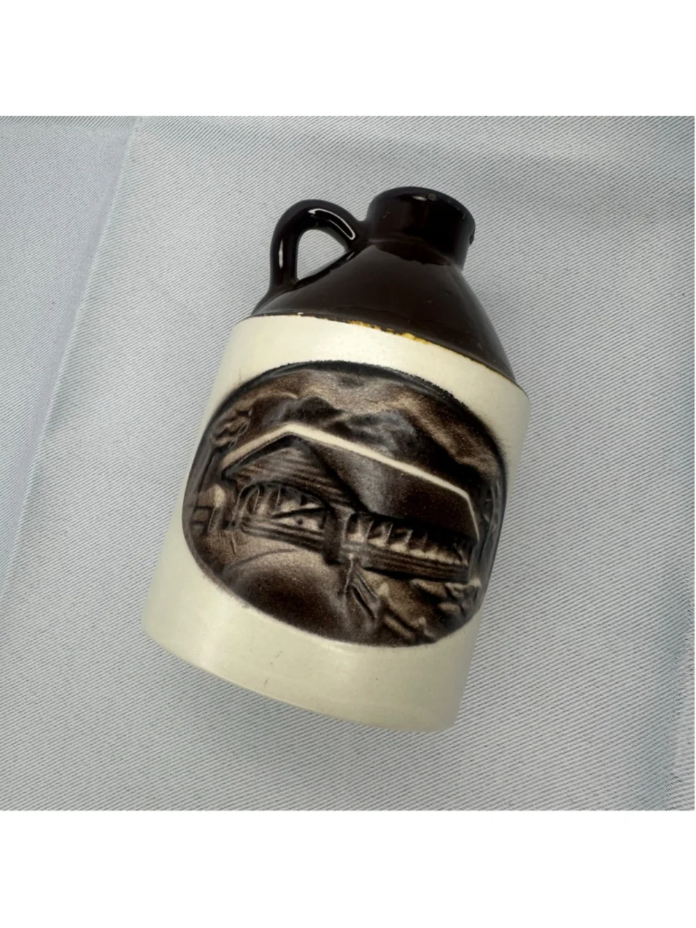 Vintage Signed 1975 Vermont Studio Pottery Stoneware Mini Jug - Covered Bridge
